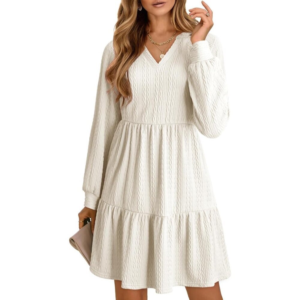 Women’s Fall Textured V Neck Babydoll Dress Short Mini Casual Lightweight
